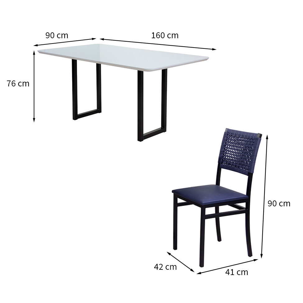 Conjunto de Mesa de Jantar Retangular com Tampo de Vidro Branco e 6 Cadeiras Madri Azul e Preto