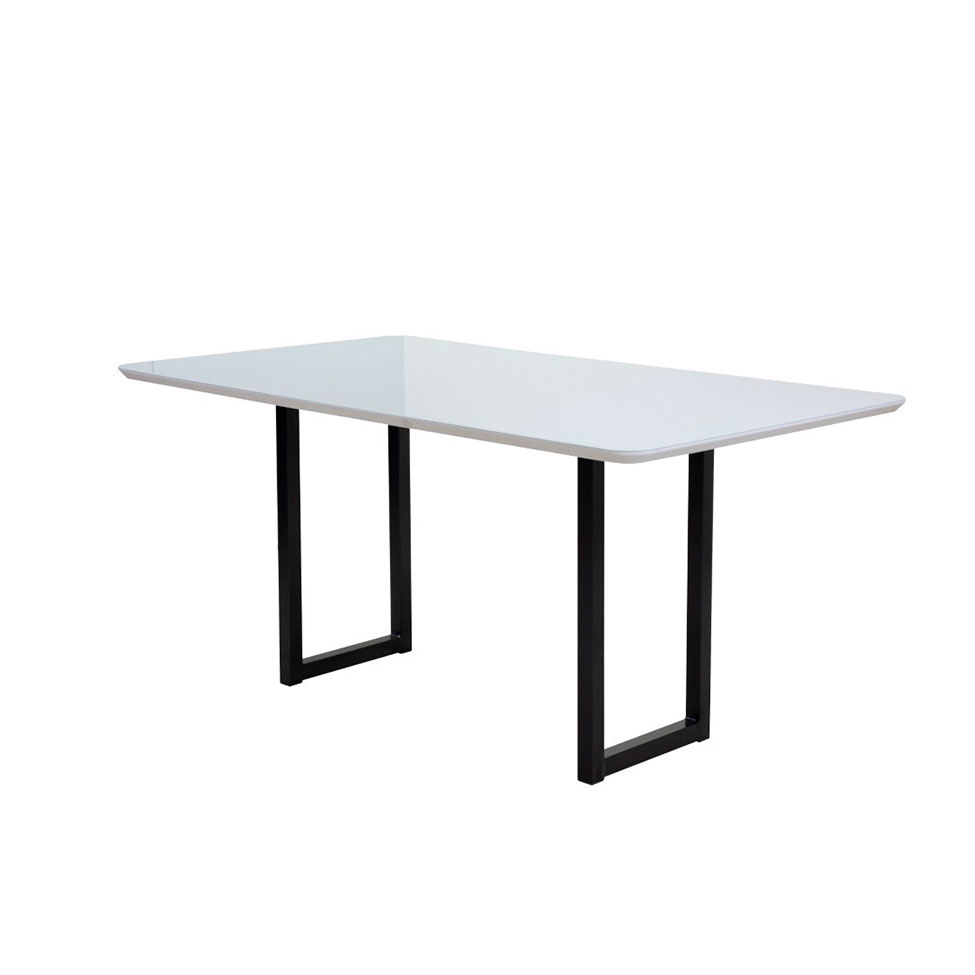 Conjunto de Mesa de Jantar Retangular com Tampo de Vidro Branco e 6 Cadeiras Madri Azul e Preto