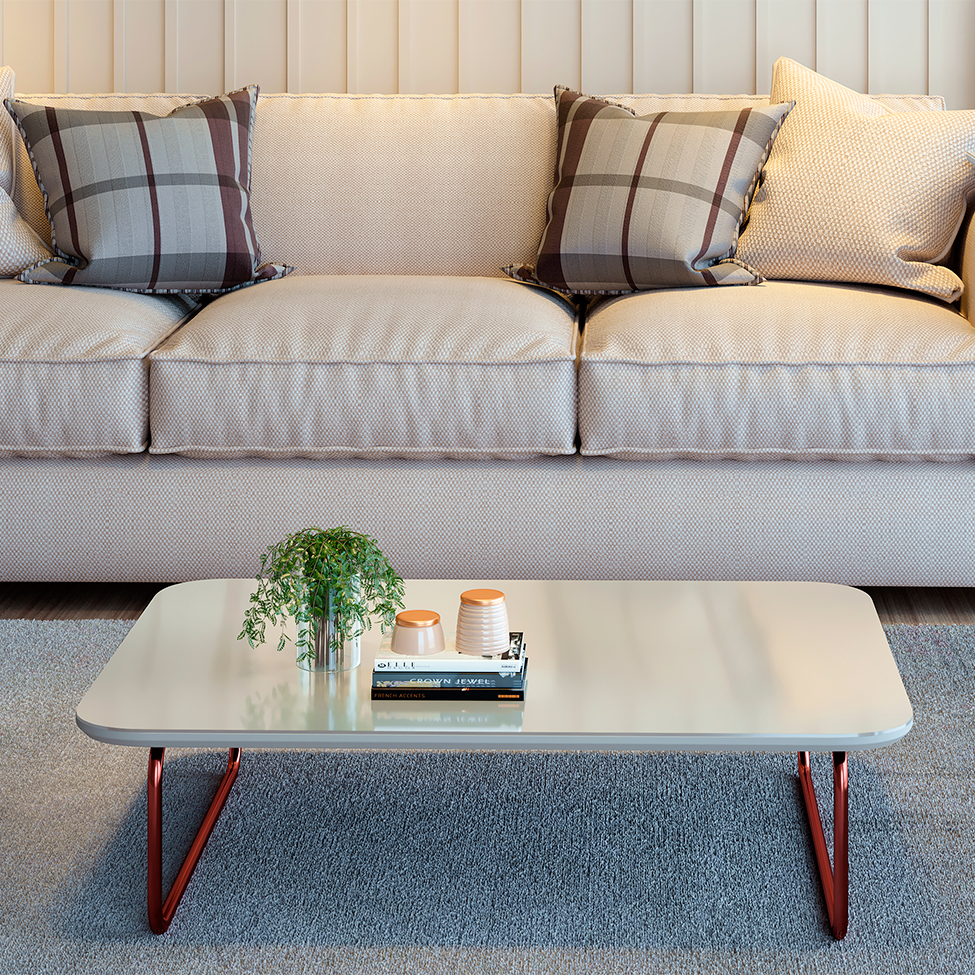 Mesa de Centro Retangular com Tampo de Vidro Roma Off White e Rosê Gold