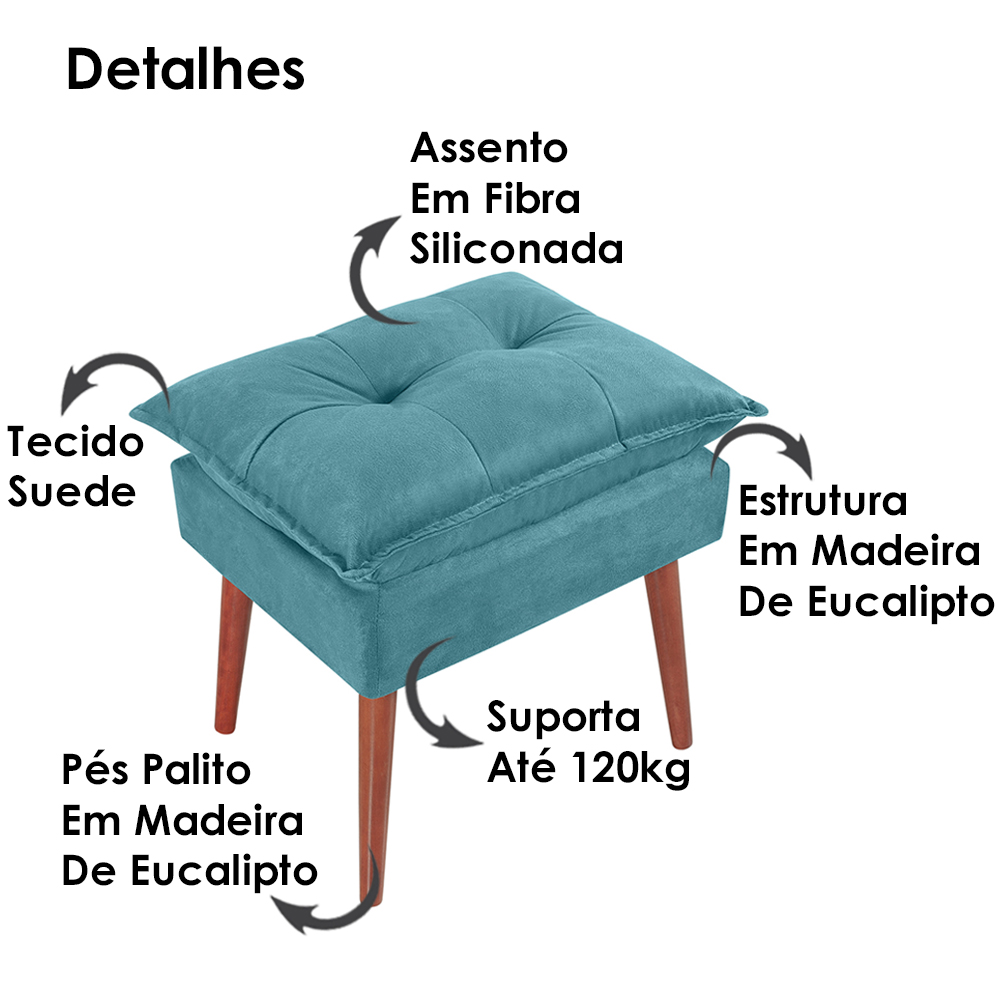 Kit 2 Puff Puf Opall Pes Palito 55x40cm Suede Azul MPassos