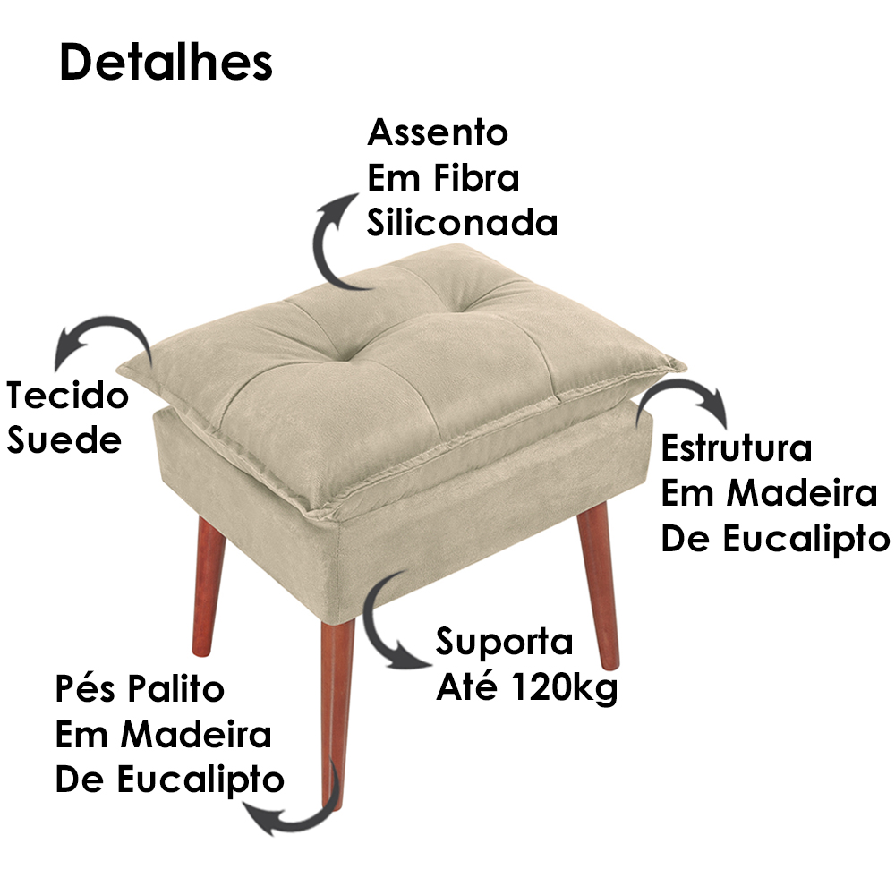 Kit 2 Puff Puf Opall Pes Palito 55x40cm Suede Bege MPassos