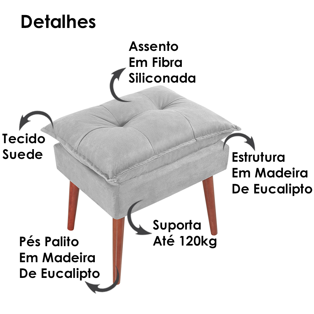 Kit 2 Puff Puf Opall Pes Palito 55x40cm Suede Cinza Claro MPassos