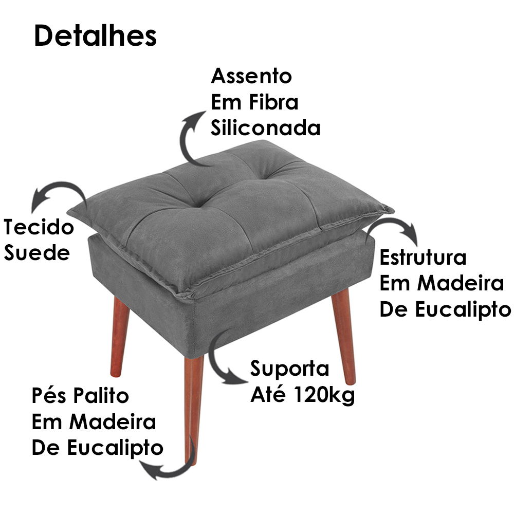 Kit 2 Puff Puf Opall Pes Palito 55x40cm Suede Cinza Escuro MPassos