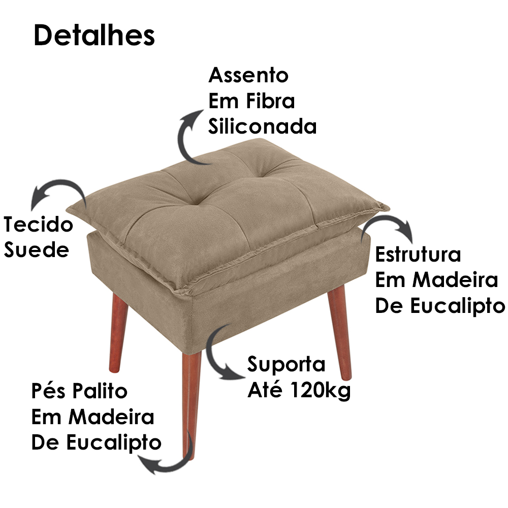 Kit 2 Puff Puf Opall Pes Palito 55x40cm Suede Marrom Claro MPassos