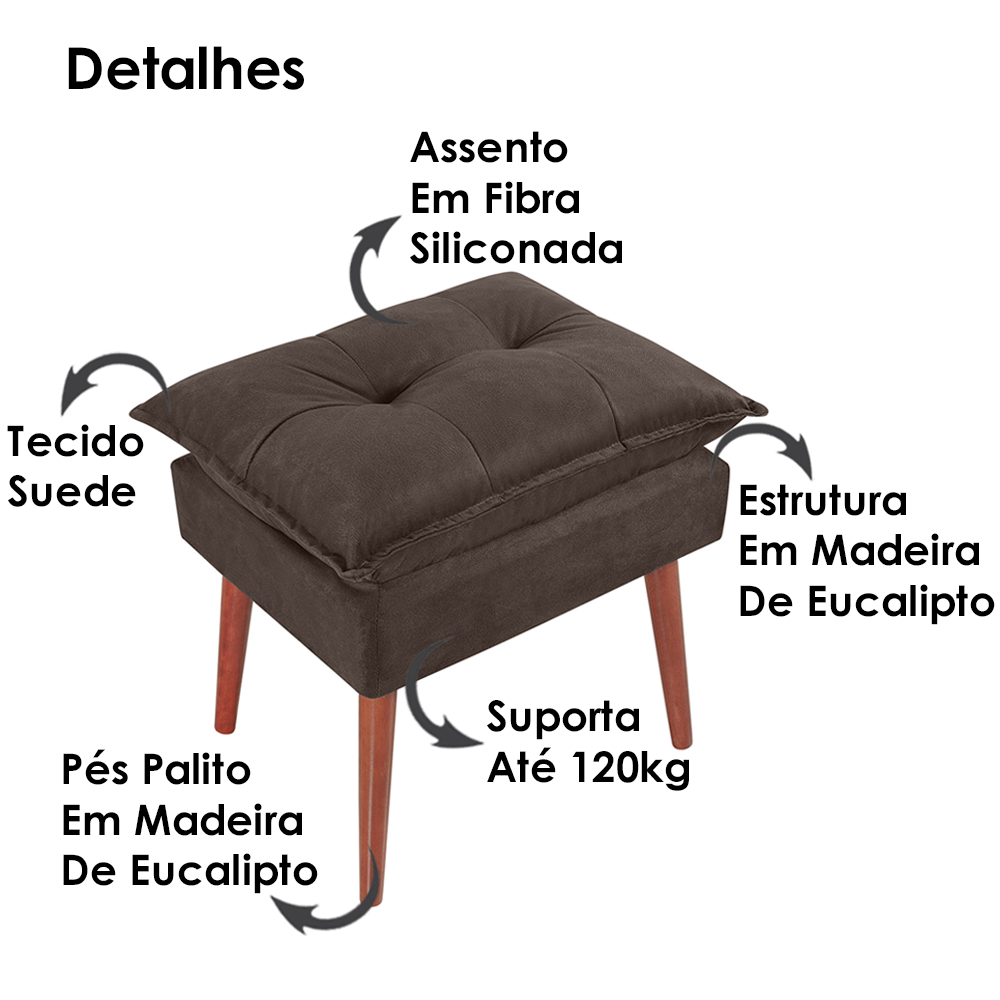 Kit 2 Puff Puf Opall Pes Palito 55x40cm Suede Marrom MPassos