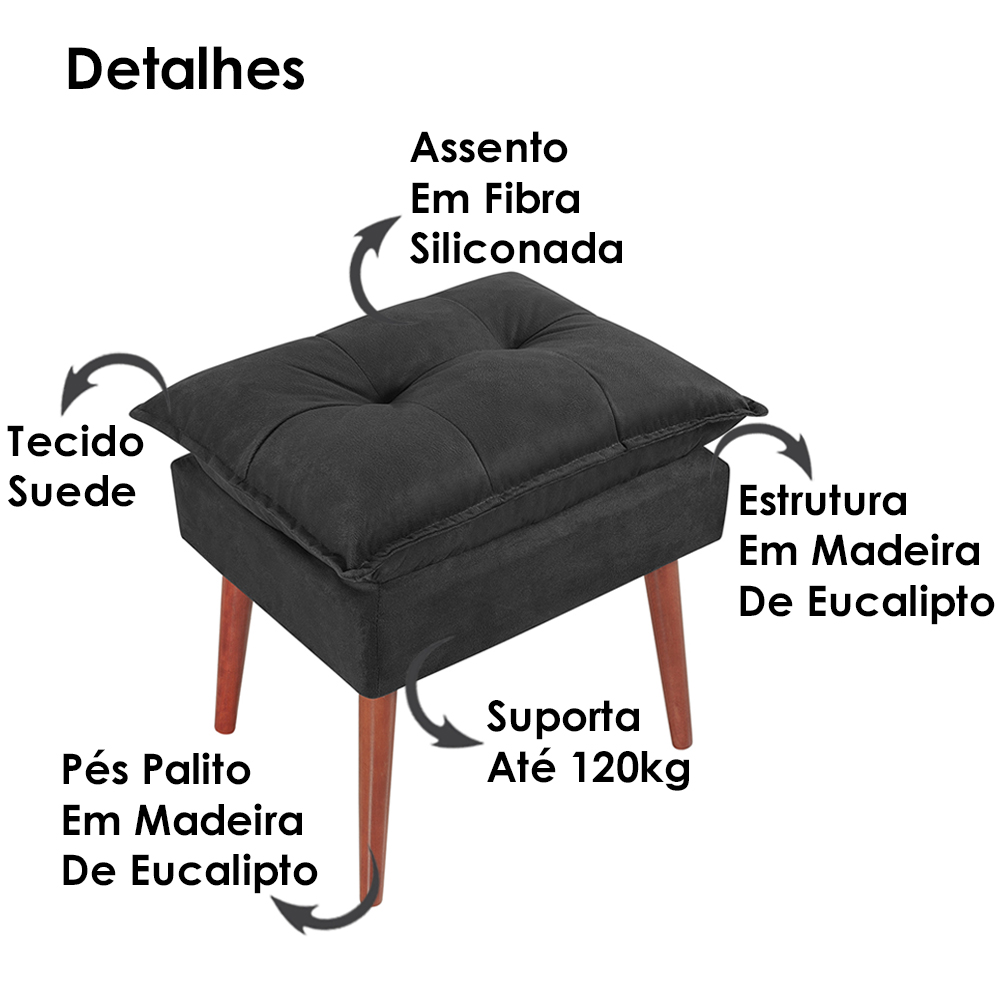 Kit 2 Puff Puf Opall Pes Palito 55x40cm Suede Preto MPassos