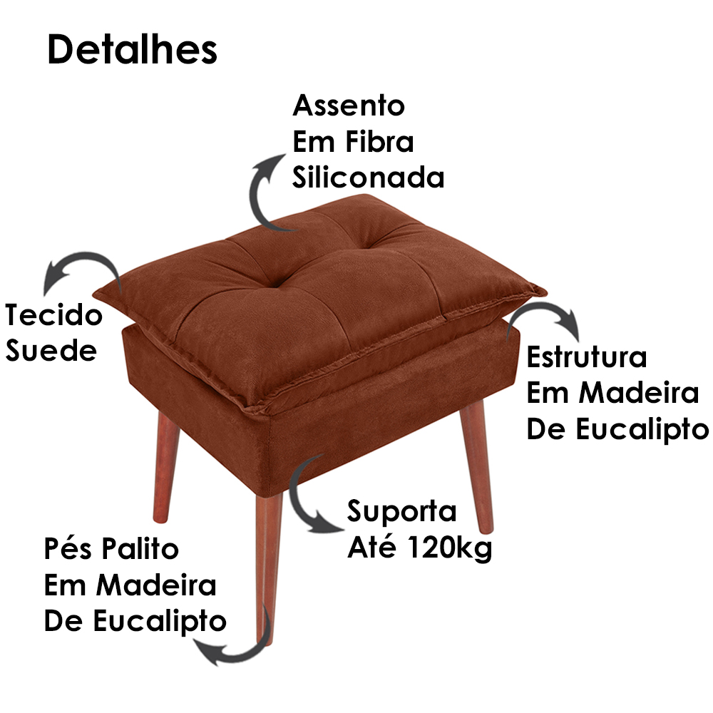 Kit 2 Puff Puf Opall Pes Palito 55x40cm Suede Terra Cota MPassos