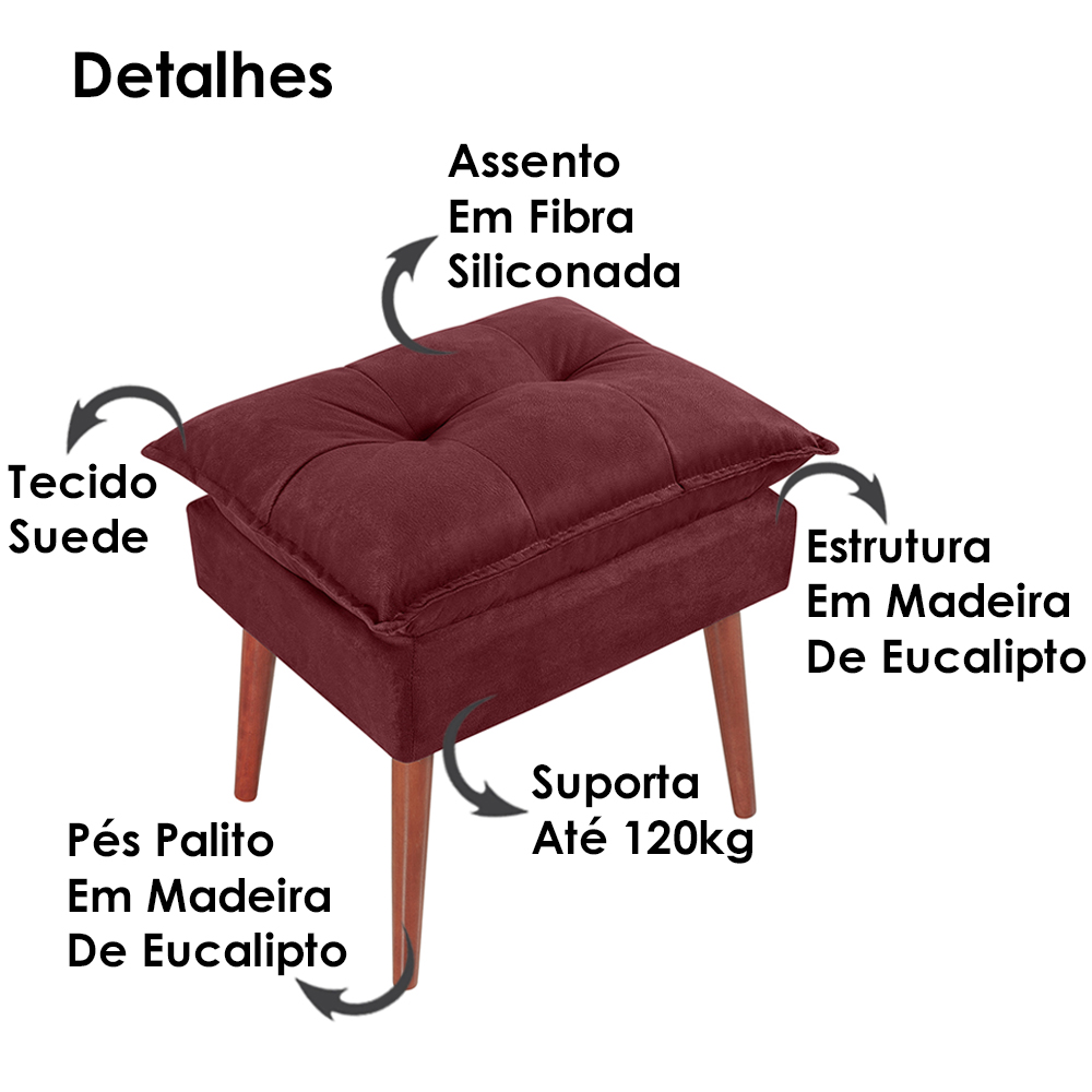 Kit 2 Puff Puf Opall Pes Palito 55x40cm Suede Vermelho Escuro MPassos