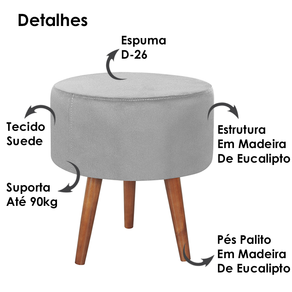 Kit 2 Puff Puf Redondo Pes Palito 44x40cm Suede Cinza Claro MPassos