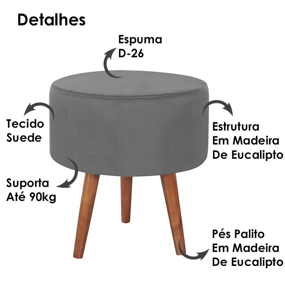 Kit 2 Puff Puf Redondo Pes Palito 44x40cm Suede Cinza Escuro MPassos