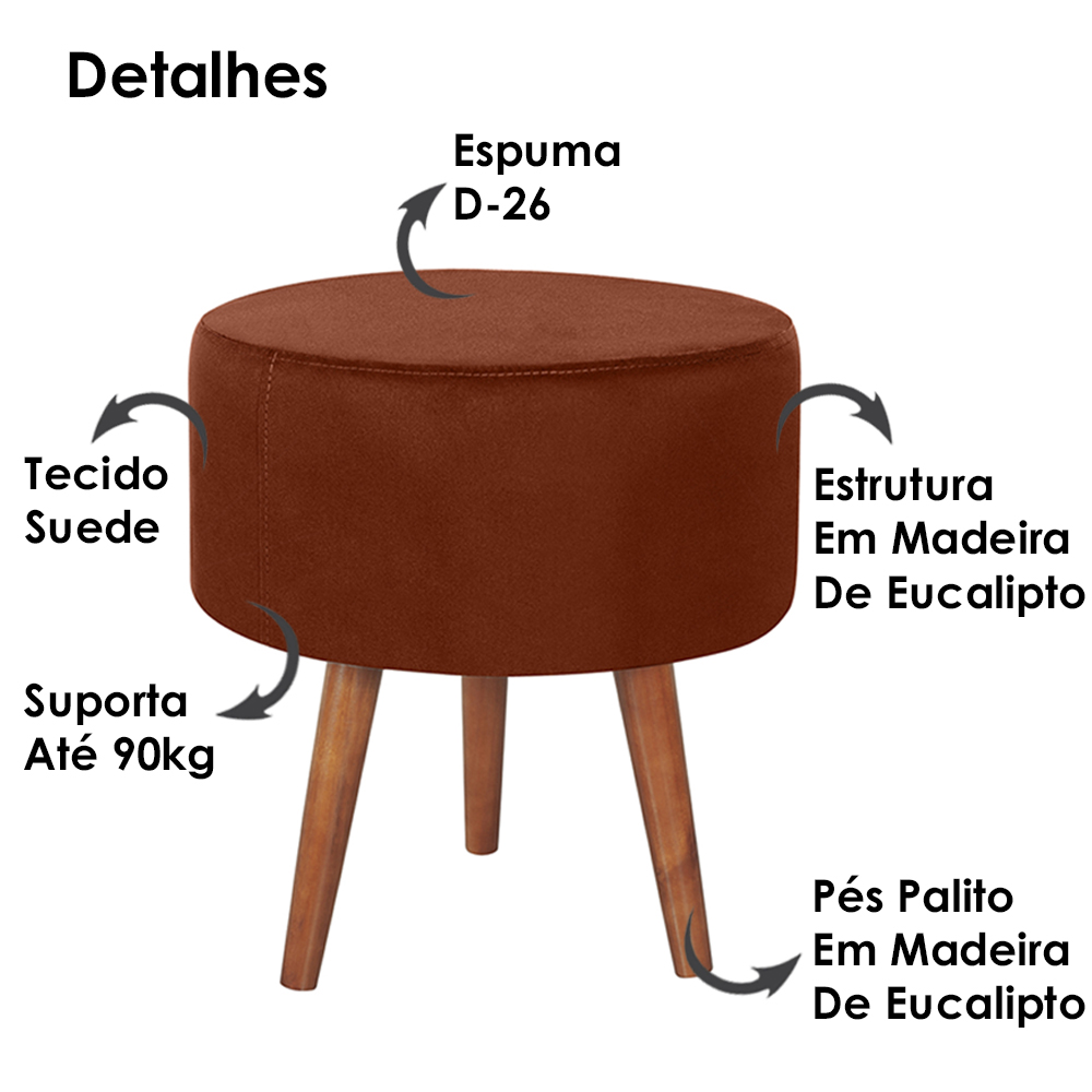 Kit 2 Puff Puf Redondo Pes Palito 44x40cm Suede Terra Cota MPassos
