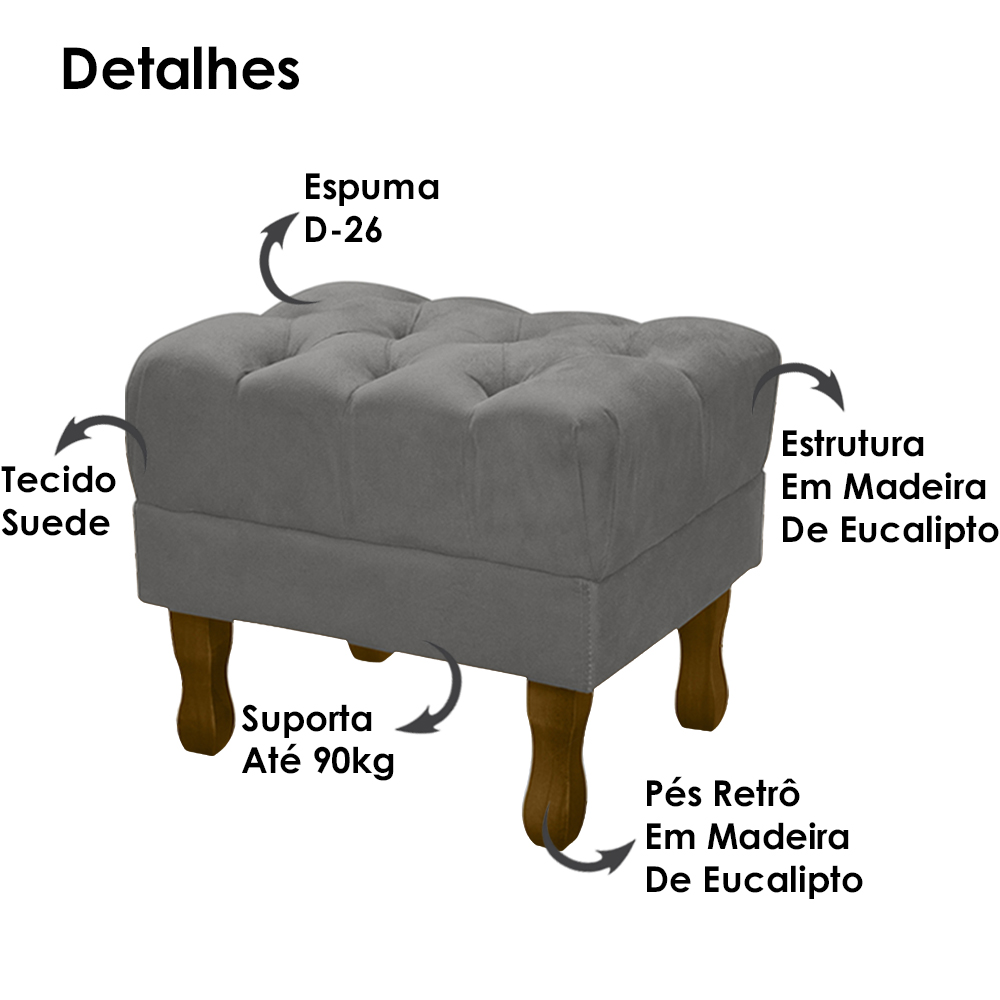 Kit 2 Puff Puf Retro Capitone 52x44cm Suede Cinza Claro MPassos