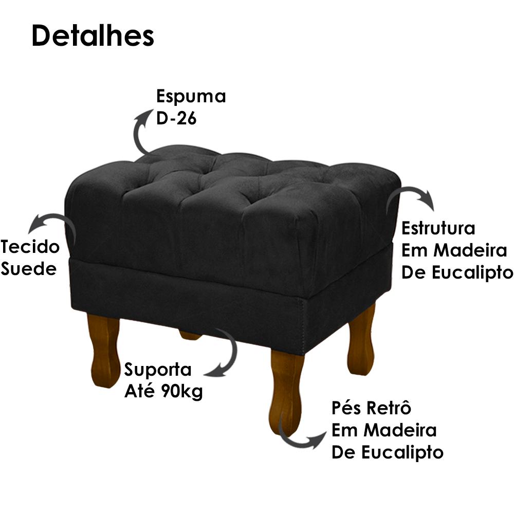 Kit 2 Puff Puf Retro Capitone 52x44cm Suede Preto MPassos