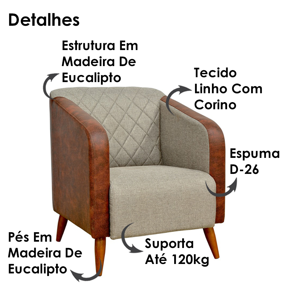 Poltrona Decorativa Silm Pes Em Madeira Bege Marrom MPassos