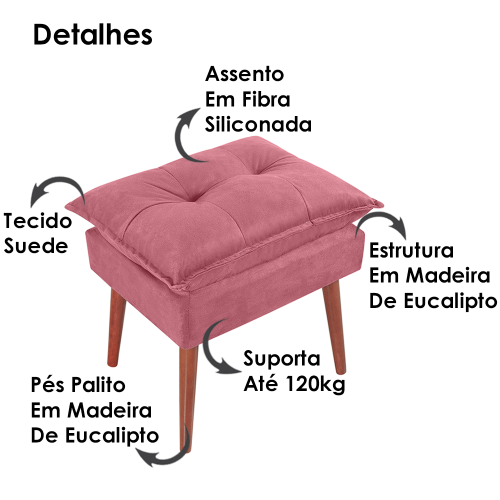 Puff Puf Opall Pes Palito 55x40cm Suede Rosa Escuro MPassos