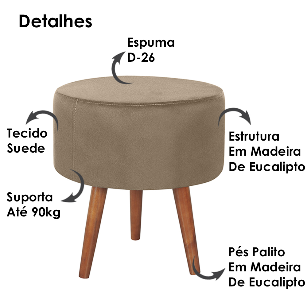 Puff Puf Redondo Pes Palito 44x40cm Suede Marrom Claro MPassos