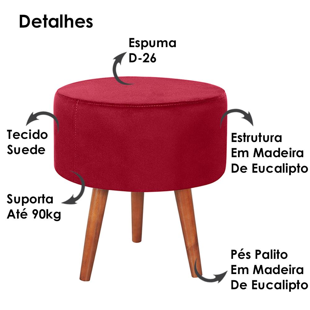Puff Puf Redondo Pes Palito 44x40cm Suede Vermelho MPassos