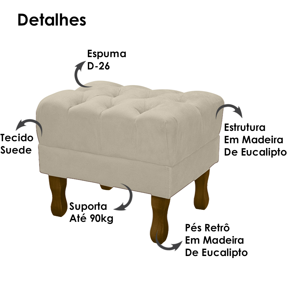 Puff Puf Retro Capitone 52x44cm Suede Bege MPassos