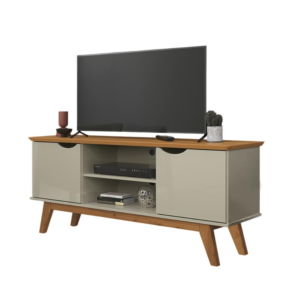 Rack Sala Prism 1.4 com 2 Portas e Pés de Madeira Maciça Off White/Cinamomo