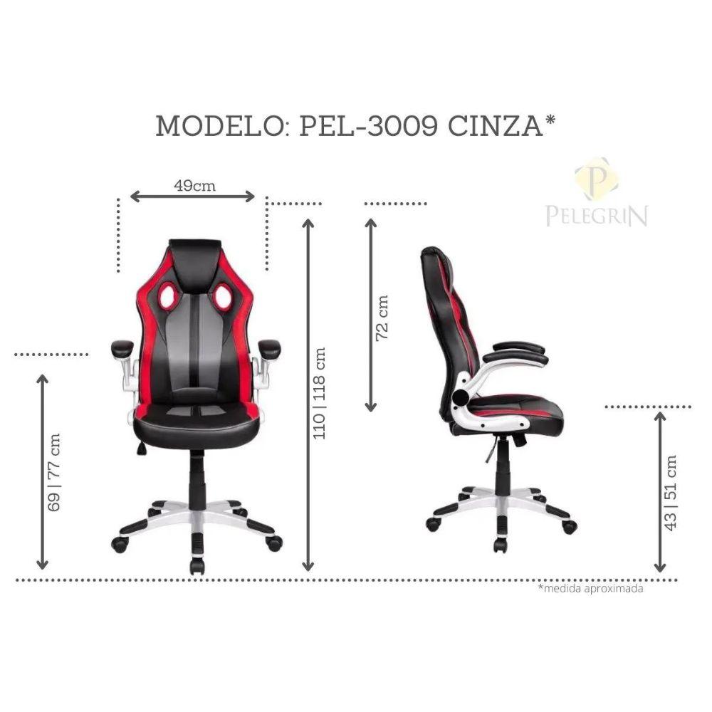 Cadeira Gamer Pelegrin PEL-3009 Couro PU Vermelha, Preta e Cinza