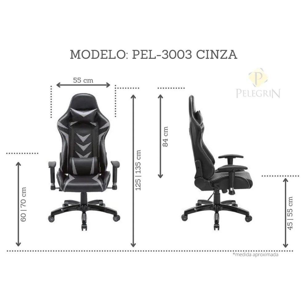 Cadeira Gamer Pelegrin em Couro PU Reclinável PEL-3003 Preta e Cinza