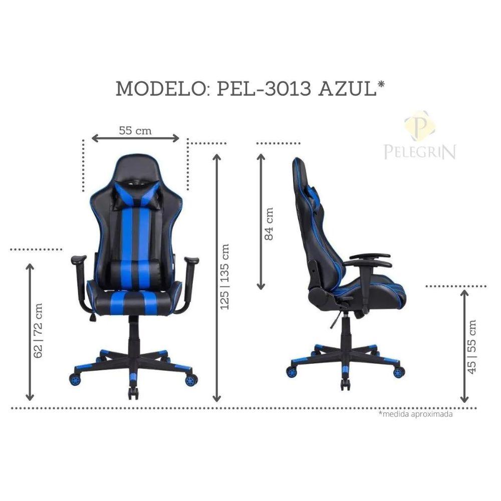 Cadeira Gamer Pelegrin em Couro PU Reclinável PEL-3013 Preta e Azul