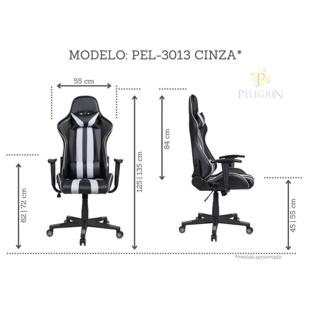 Cadeira Gamer Pelegrin em Couro PU Reclinável PEL-3013 Preta e Cinza