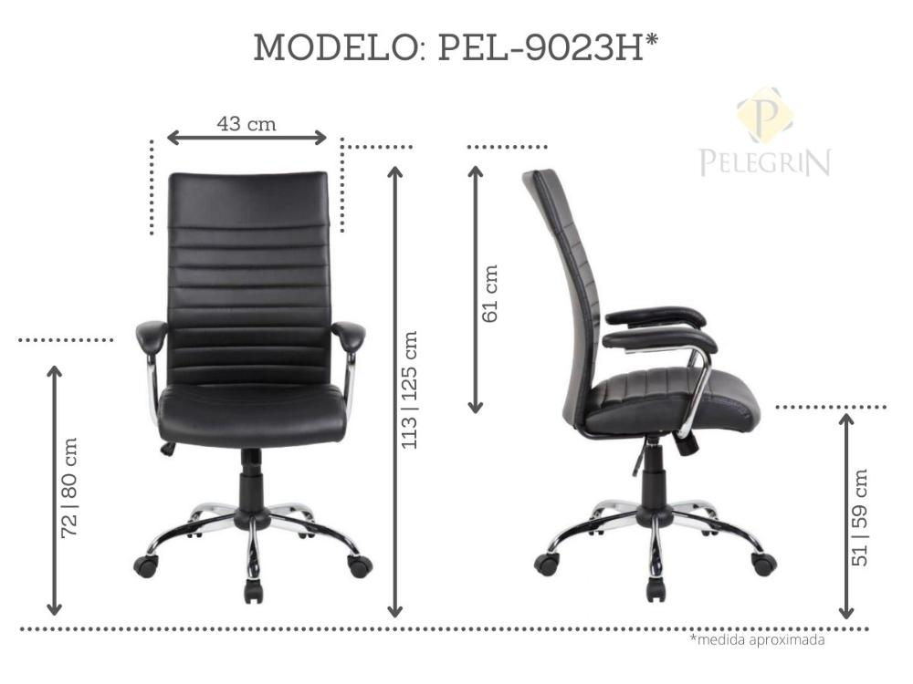 Cadeira de Escritório Presidente em Couro PU Pelegrin PEL-9023H Preta.