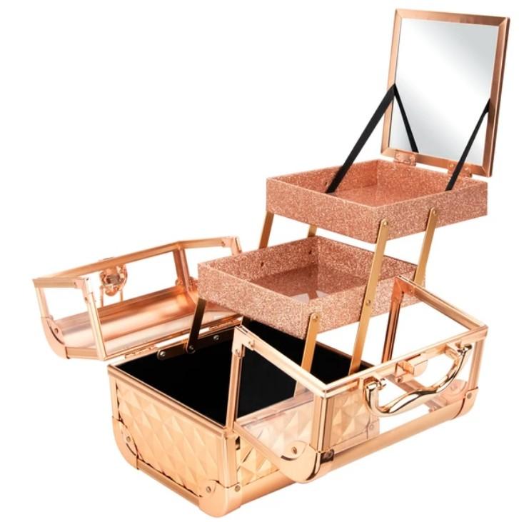 Maleta Maquiagem Joias Alumínio e Acrílico Pelegrin PEL-M1012 Rose Gold