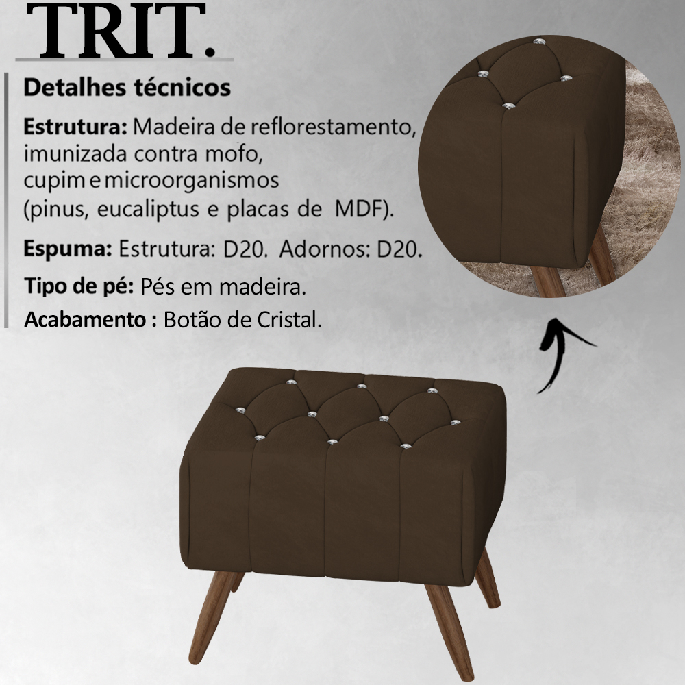 Kit 2 Puff Puf Para Sala Pes Madeira Trit Veludo SL 942 Peer