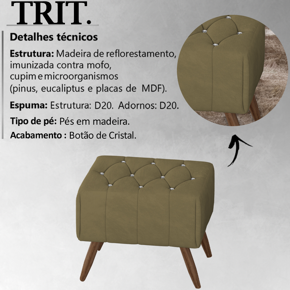 Kit 2 Puff Puf Para Sala Pes Madeira Trit Veludo SL 945 Peer