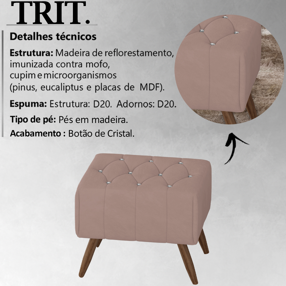 Kit 2 Puff Puf Para Sala Pes Madeira Trit Veludo SL 949 Peer