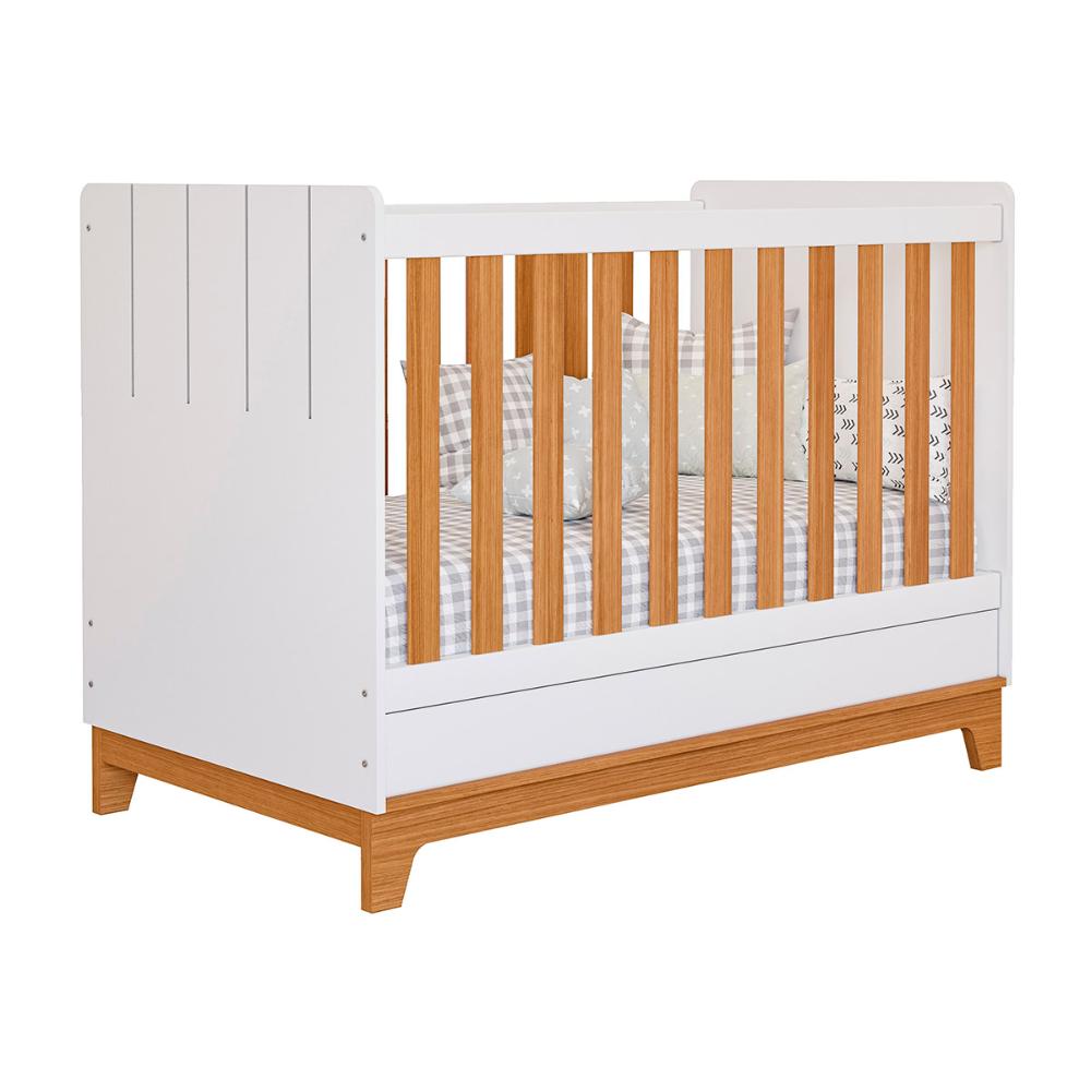 Berço Mini Cama Biscoito com Regulagem de Altura e Pés Fixo Branco Acetinado/Nature