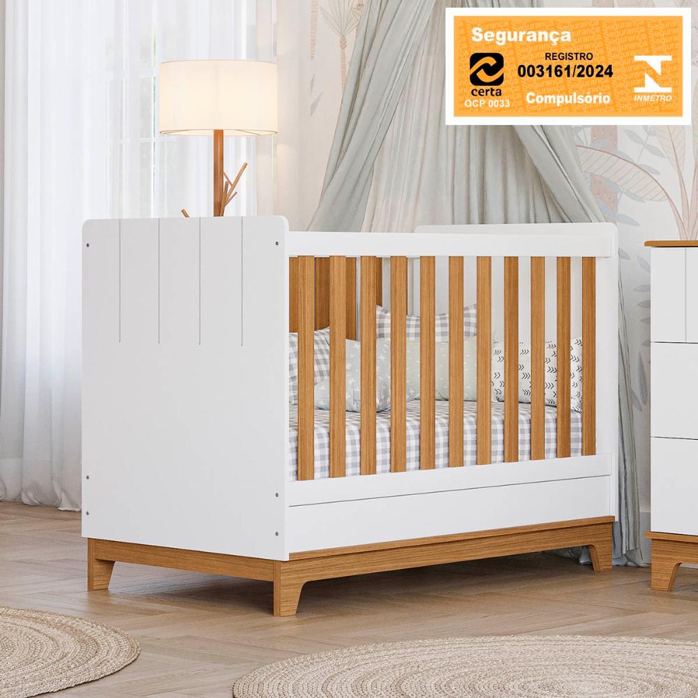 Berço Mini Cama Biscoito com Regulagem de Altura e Pés Fixo Branco Acetinado/Nature