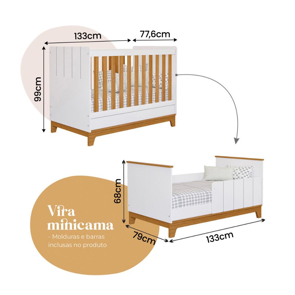 Berço Mini Cama Biscoito com Regulagem de Altura e Pés Fixo Branco Acetinado/Nature
