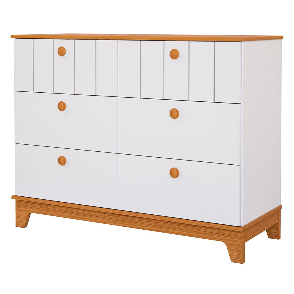Comoda Biscoito Quarto Infantil com 6 Gavetas Branco Acetinado/Nature
