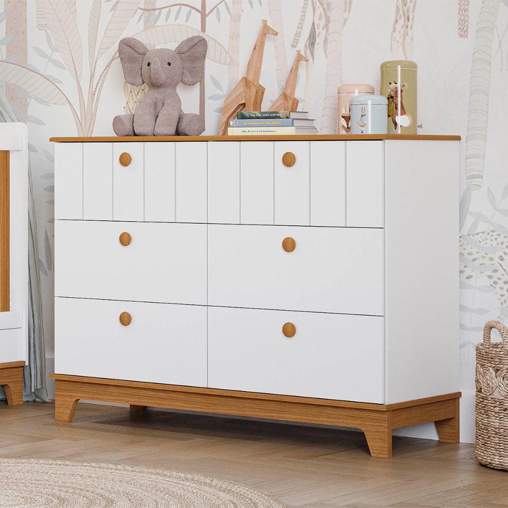 Comoda Biscoito Quarto Infantil com 6 Gavetas Branco Acetinado/Nature