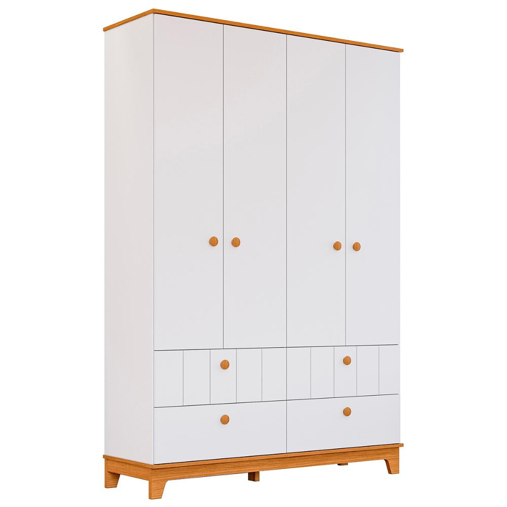 Guarda Roupa Biscoito Quarto Infantil com 4 Portas 4 Gavetas Branco Acetinado/Nature