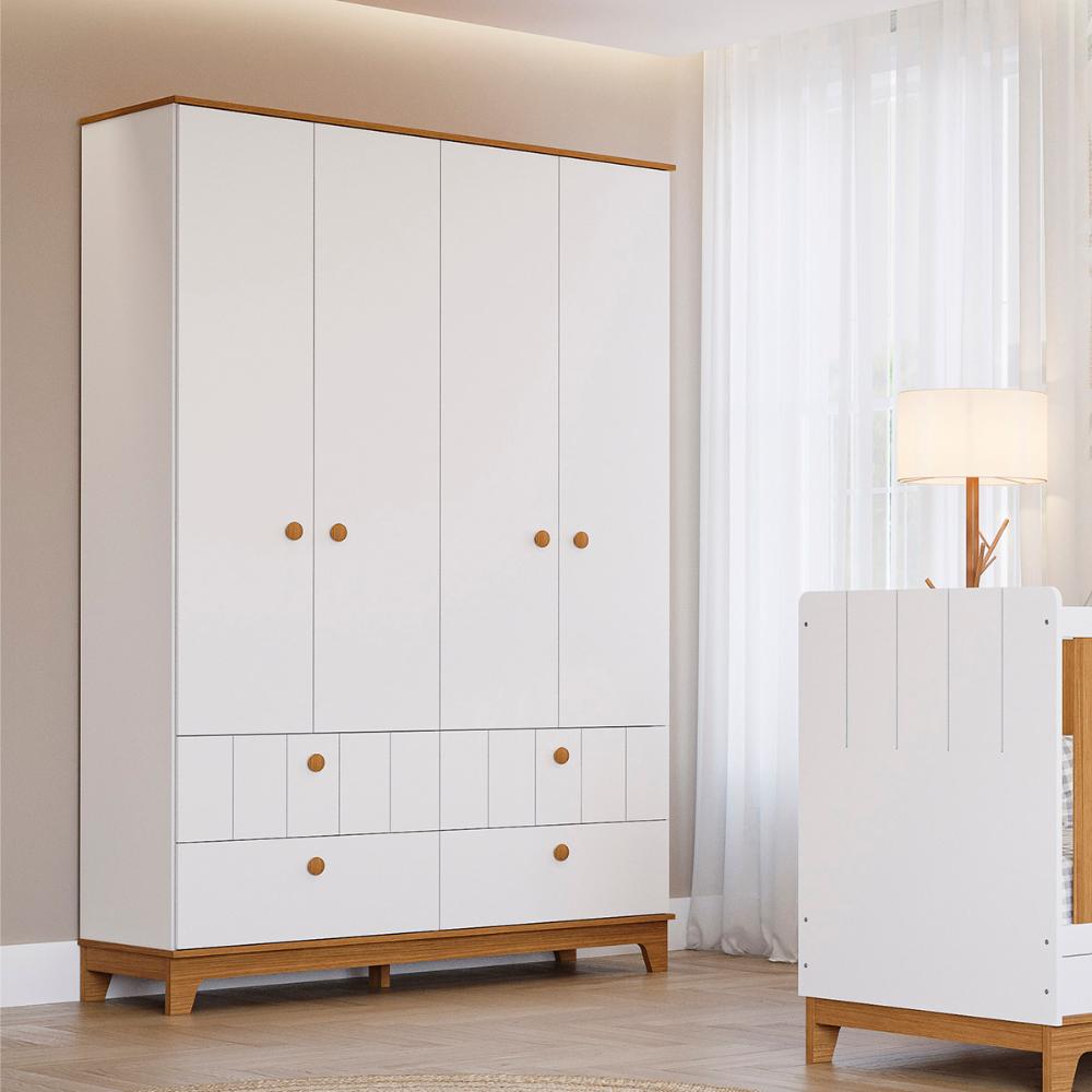Guarda Roupa Biscoito Quarto Infantil com 4 Portas 4 Gavetas Branco Acetinado/Nature