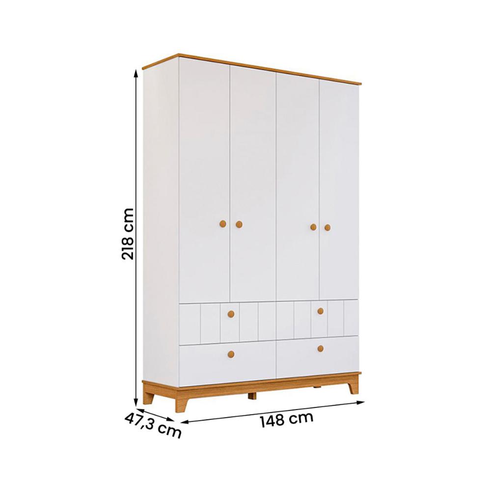 Guarda Roupa Biscoito Quarto Infantil com 4 Portas 4 Gavetas Branco Acetinado/Nature