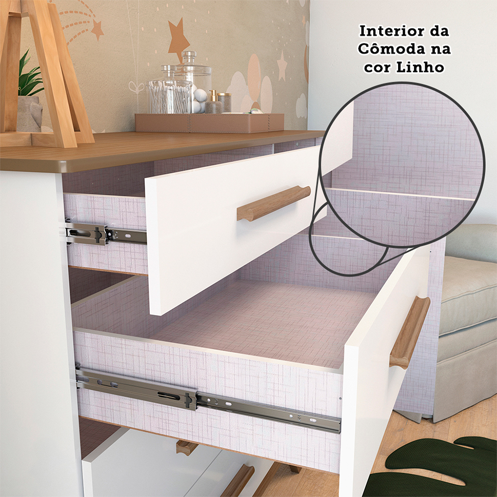 Cômoda Infantil Retrô II 1 PT 4 GV Branca e Carvalho