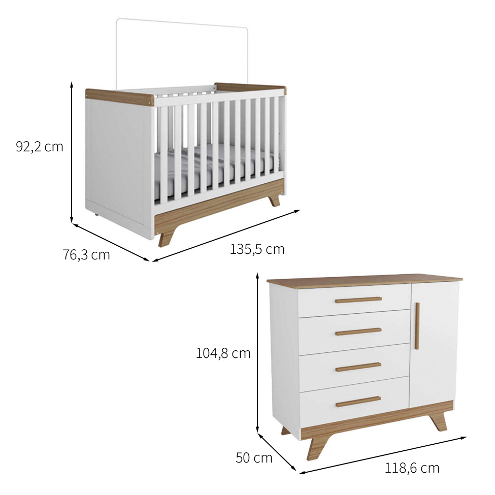 Conjunto com 2 Berços e 1 Cômoda 1 PT 4 GV Retrô Branco e Carvalho