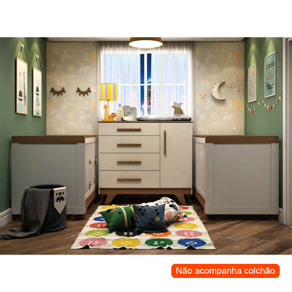 Conjunto com 2 Berços e 1 Cômoda 1 PT 4 GV Retrô Branco e Carvalho