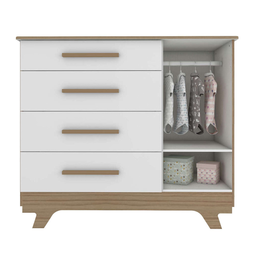 Conjunto com 2 Berços e 1 Cômoda 1 PT 4 GV Retrô Branco e Carvalho