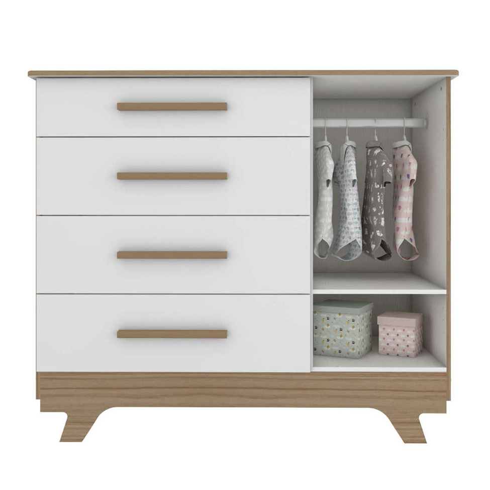 Conjunto com Berço e Cômoda 1 PT 4 GV Retrô Branco e Carvalho
