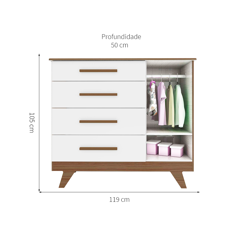 Conjunto de Cômoda e Berço Minicama Retrô Carvalho e Branco