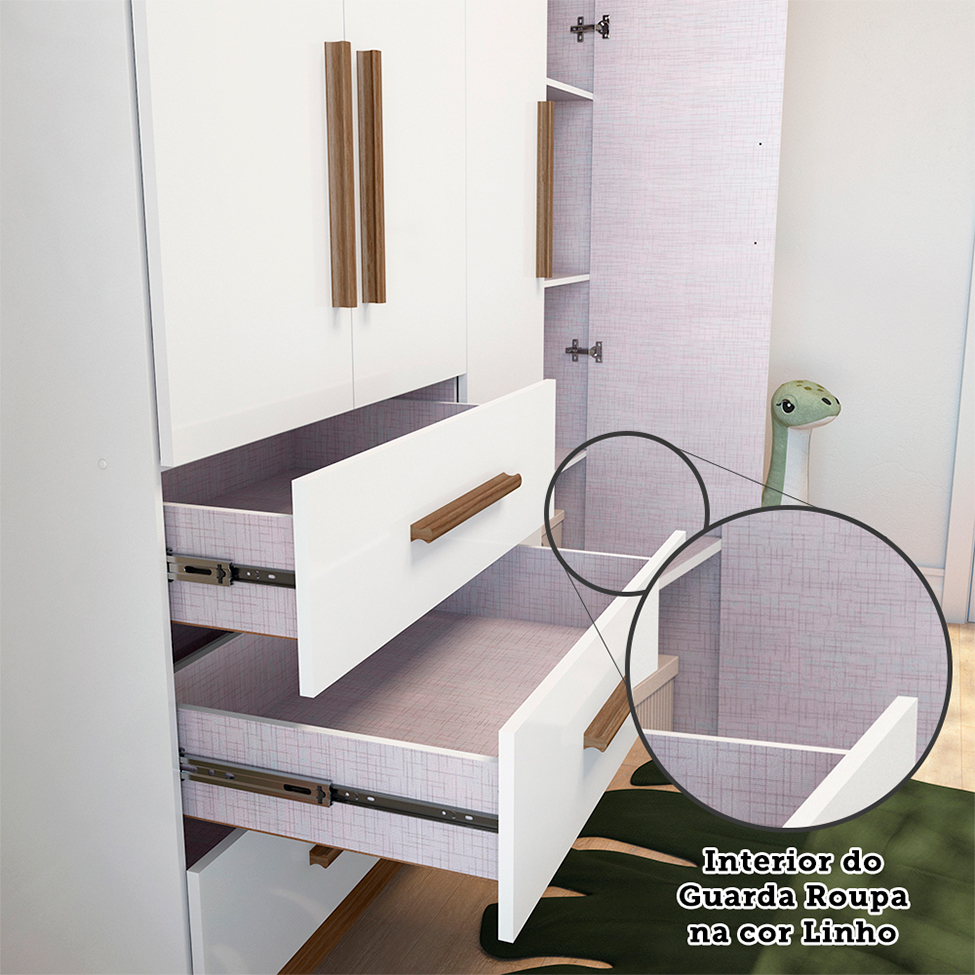 Guarda-Roupa Infantil Retrô II 4 PT 3 GV Branco e Carvalho