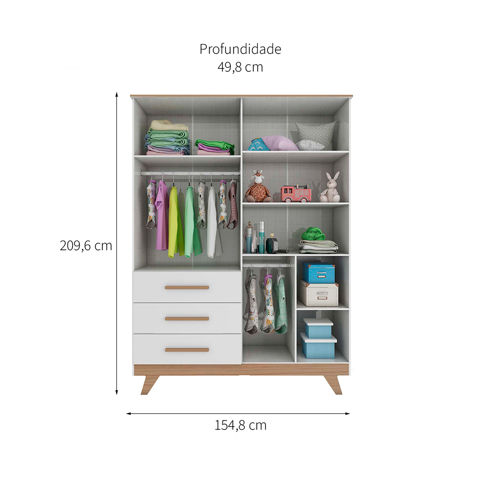 Guarda-Roupa Infantil Retrô II 4 PT 3 GV Branco e Carvalho