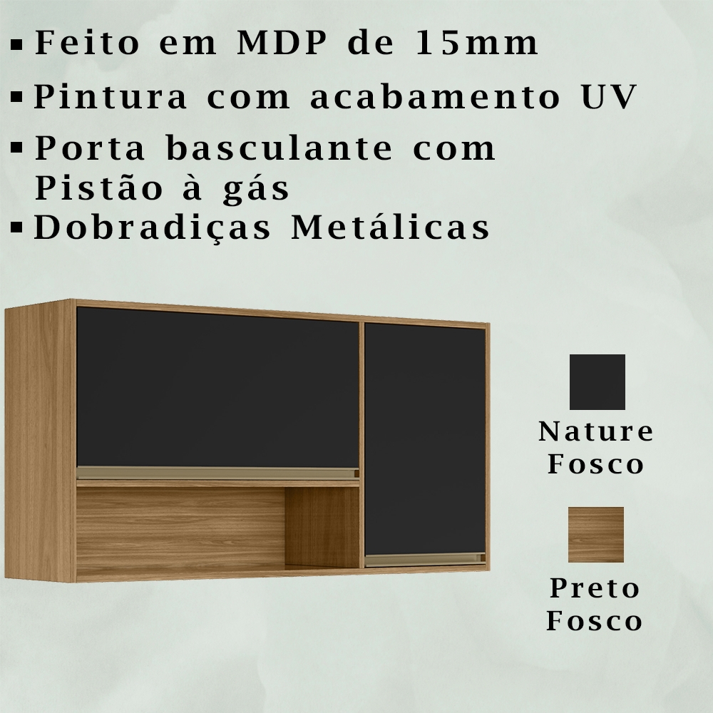 Armario Aereo 2 Portas 119cm 1950 Nature Preto Fosco PLLA