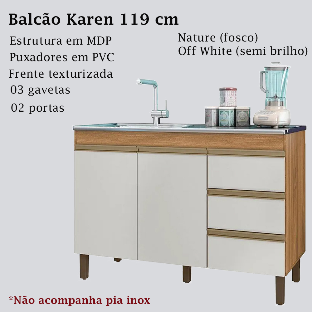 Balcão Pia 6150 Sem Tampo 119 Cm 2 Pt 3 Gv Nature Off White PLLA
